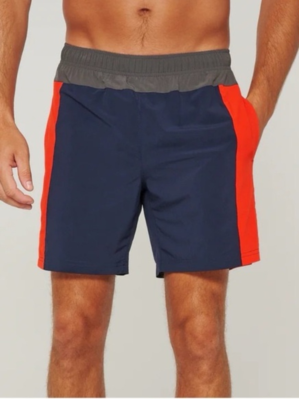 Men's Athletic Navy Shorts with Red Side Panels and Gray Waistband